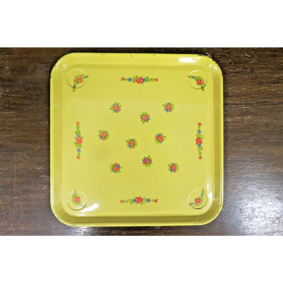 2 Mid Century Metal TV Lap Trays - Vintage Yellow Floral Roses 10.75" - Picture 2 of 4
